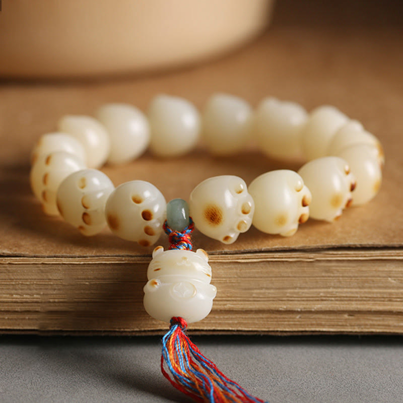 Buddha Stones Cute Lucky Cat Bodhi Seed Cat Paw Harmony Bracelet - Bodhi Seed Cat Paw Colorful Tassel - image 1