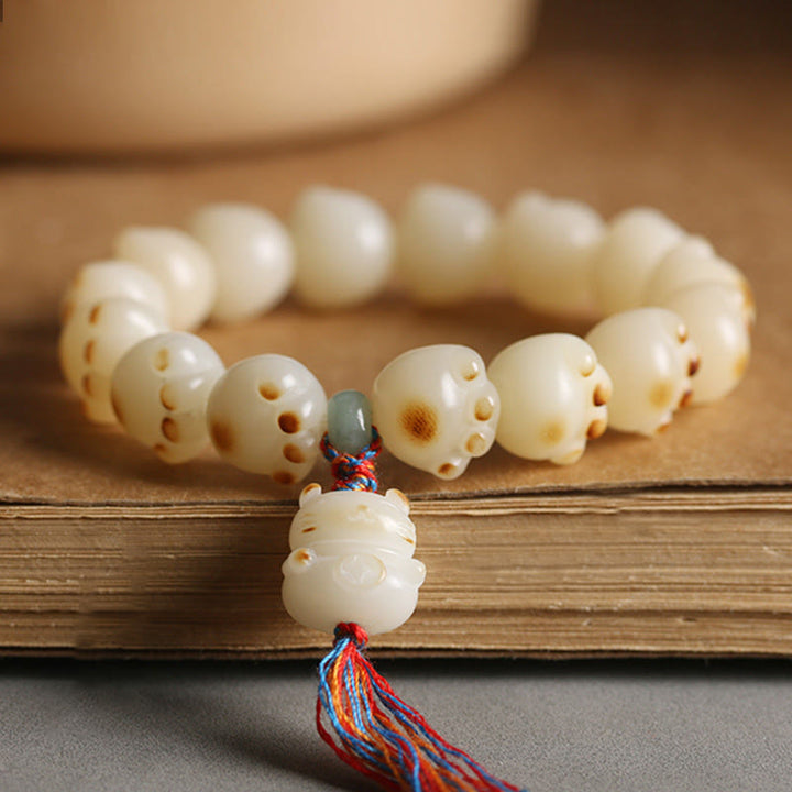 Buddha Stones Cute Lucky Cat Bodhi Seed Cat Paw Harmony Bracelet - Bodhi Seed Cat Paw Colorful Tassel - image 1