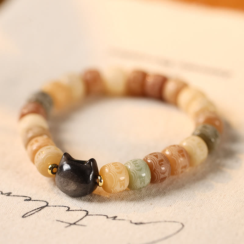 Buddha Stones Bodhi Seed Silver Sheen Obsidian Cat Head Om Mani Padme Hum Engraved Harmony Bracelet - Yellow Bodhi Seed(Wrist Circumference 14-16cm) - image 1