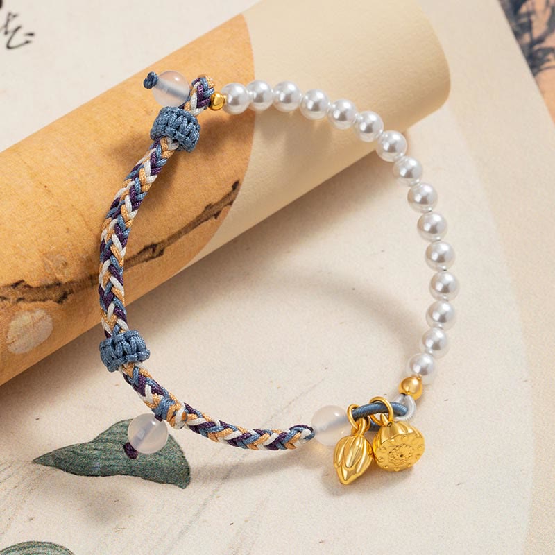 Buddha Stones 925 Sterling Silver Lotus Pearl Colorful Rope Chalcedony Prosperity Bracelet