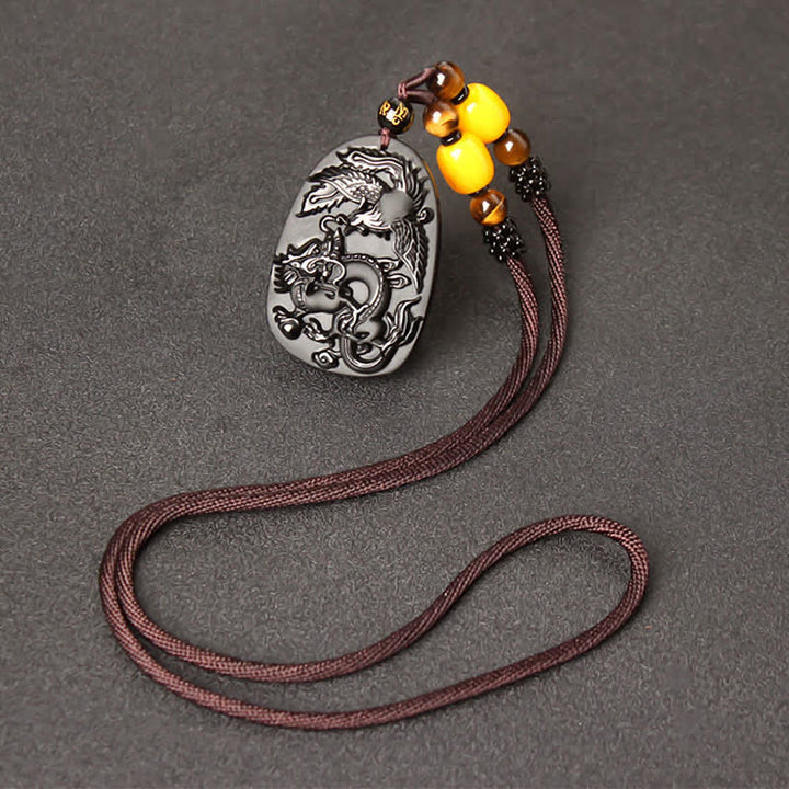 Black Obsidian Tiger Eye Dragon Phoenix Protection Beaded Necklace Pendant - Obsidian&Tiger Eye Bead String - image 8