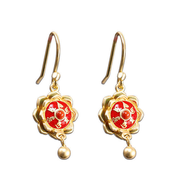 925 Sterling Silver Tibet Lotus Prayer Wheel Red Agate Enlightenment Necklace Pendant - Earrings - image 12