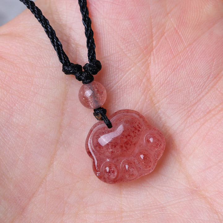 Buddha Stones Strawberry Quartz Lovely Cat Paw Claw Healing Necklace Pendant - image 4
