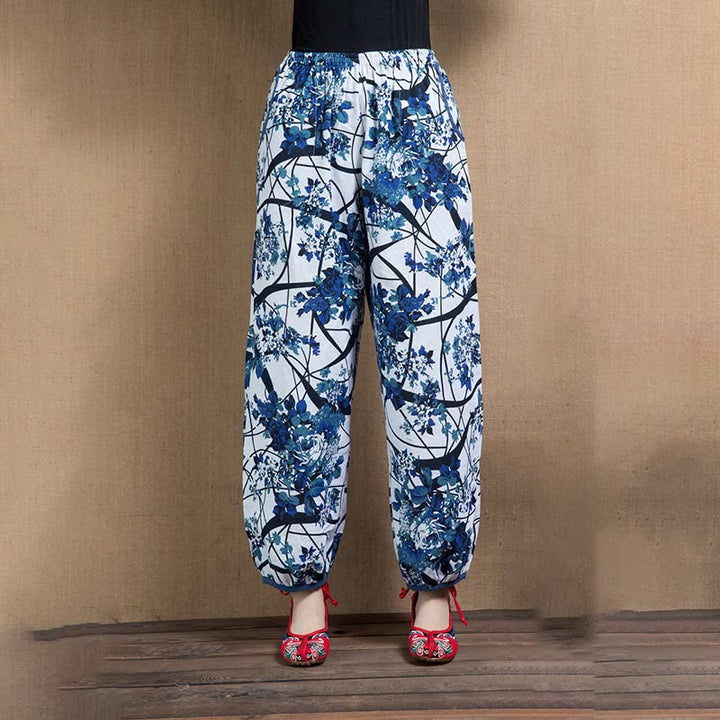 Buddha Stones Blue Tree Flowers Print Harem Pants With Pockets