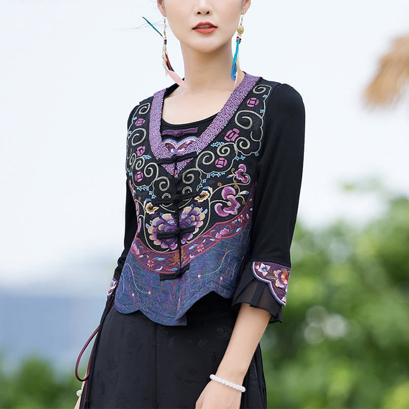 Buddha Stones Vintage Frog-Button Embroidery Purple Flower Tang Suit Design Sleeveless Vest