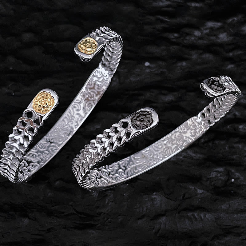 Tang Dynasty Flower Design Engraved Copper Luck Cuff Bracelet Bangle Adjustable Ring - image 2