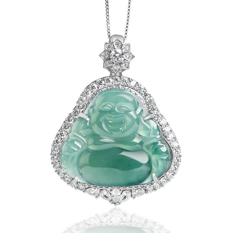 Buddha Stones 925 Sterling Silver Laughing Buddha Natural Jade Luck Abundance Chain Necklace Pendant - Laughing Buddha(Happiness♥Wealth) - image 1