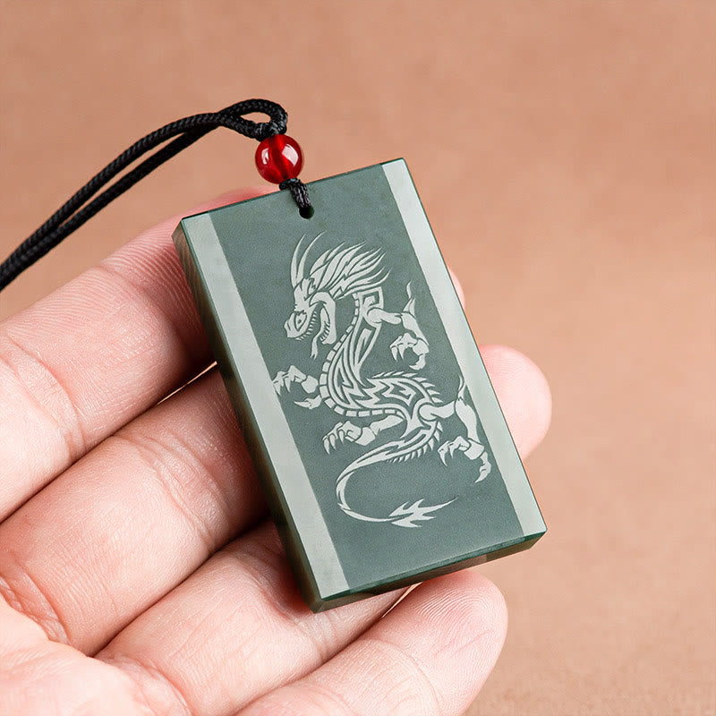 Buddha Stones Hetian Cyan Jade Dragon Engraved Success Necklace Pendant - image 4