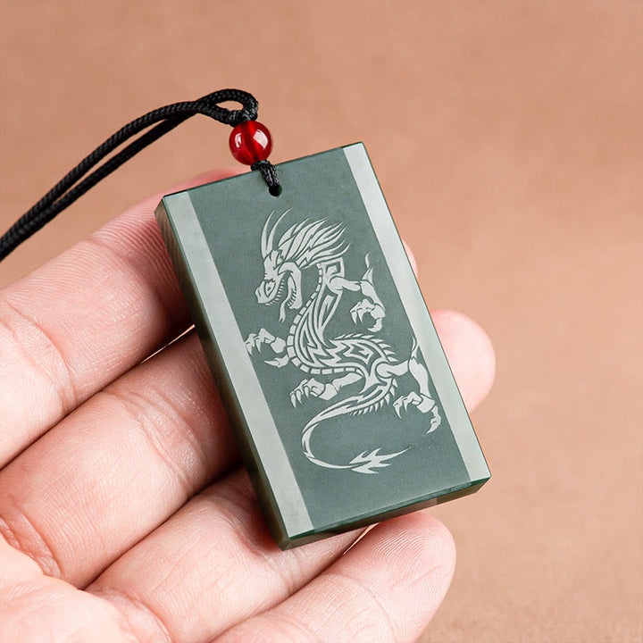Buddha Stones Hetian Cyan Jade Dragon Engraved Success Necklace Pendant - image 4