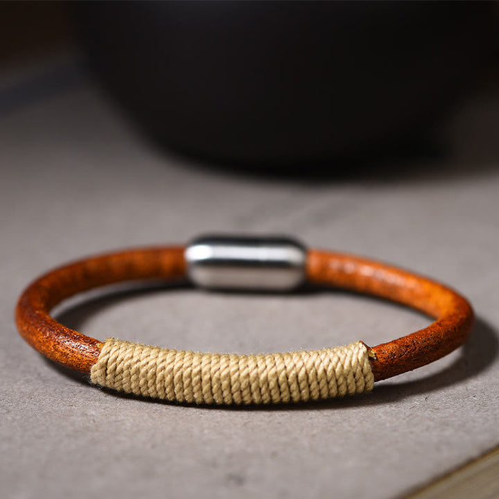 Buddha Stones Tibetan Leather Handmade Five Elements Luck Braid String Buckle Bracelet - Beige(Metal) - 19cm - image 8