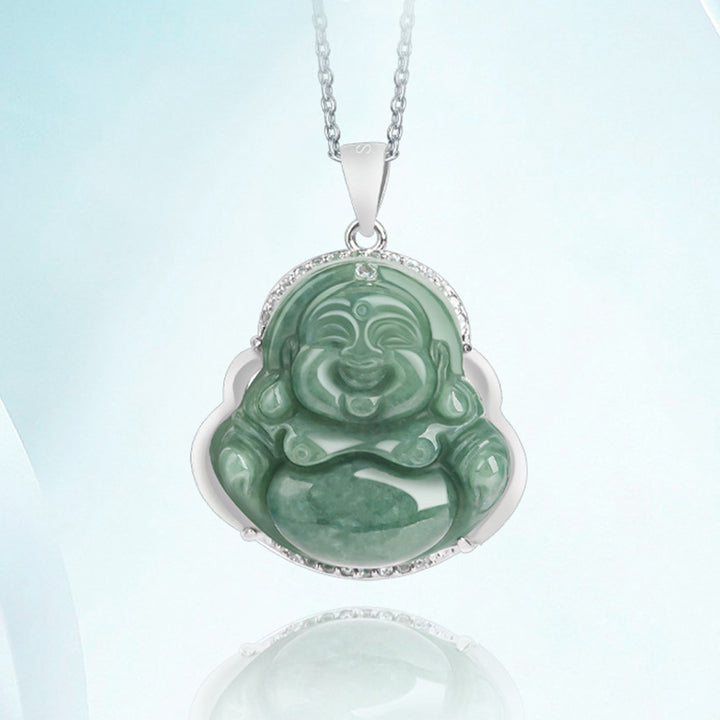 Buddha Stones 925 Sterling Silver Laughing Buddha Jade Abundance Necklace Chain Pendant - image 5