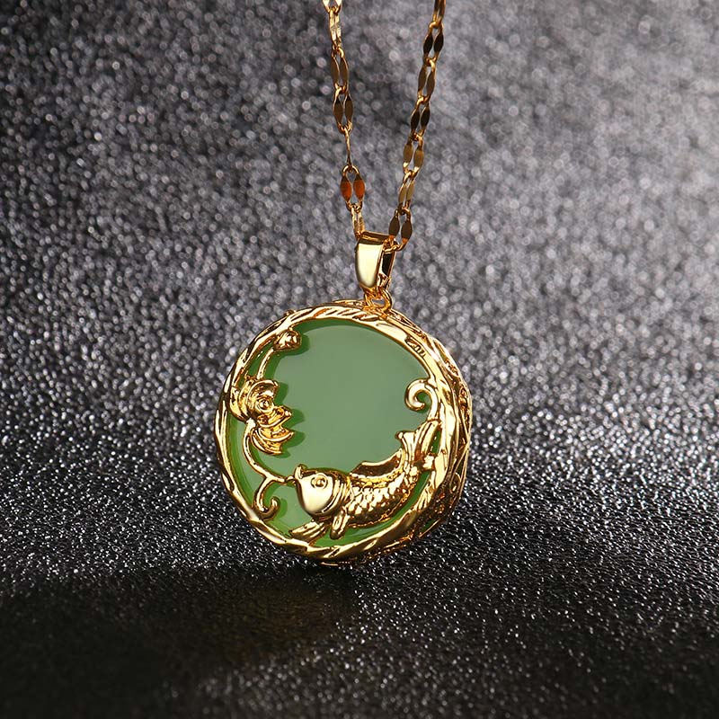 Buddha Stones Natural Jade Koi Fish Lotus Luck Necklace Pendant - image 1