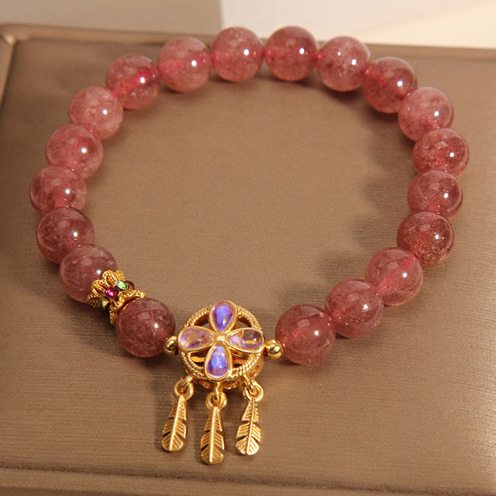 Buddha Stones Natural Strawberry Quartz Four Leaf Clover Dreamcatcher Charm Love Bracelet