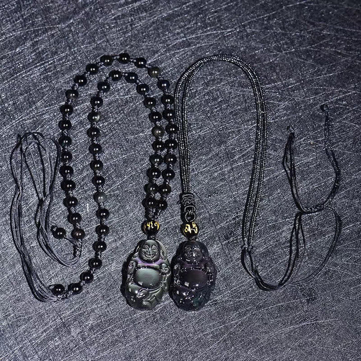 Natural Rainbow Obsidian Laughing Buddha Inner Peace Necklace Pendant - image 6