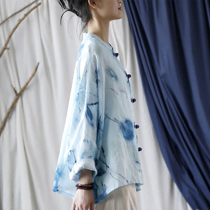 Buddha Stones Tie Dye Blue Flowers Frog-Button Design Long Sleeve Ramie Linen Jacket Shirt