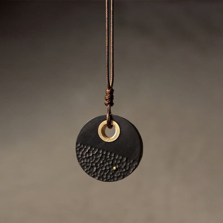 Buddha Stones Handcrafted Round Ebony Wood Brass Copper Peace Necklace Pendant - image 8