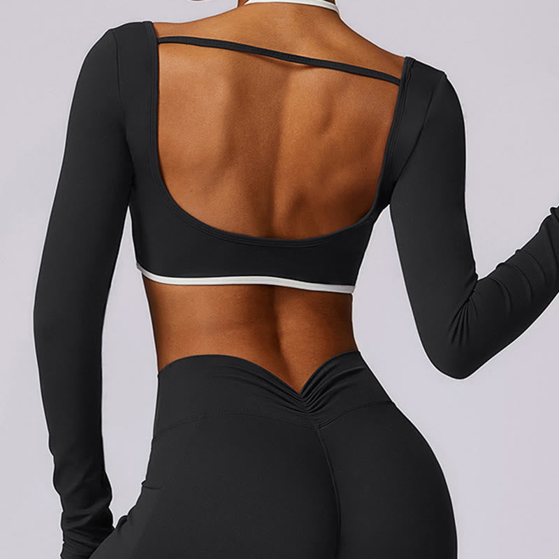 Buddha Stones Solid Color Halter Neck Bra Long Sleeve Crop Tank Top Pants Sports Fitness Gym Yoga Outfits