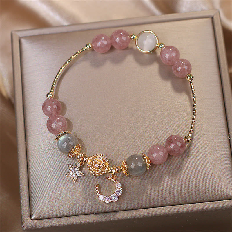 Buddha Stones Strawberry Quartz Moonstone Moon Star Love Bracelet - Strawberry Quartz&Moonstone(Wrist Circumference 16-16.5cm) - image 1