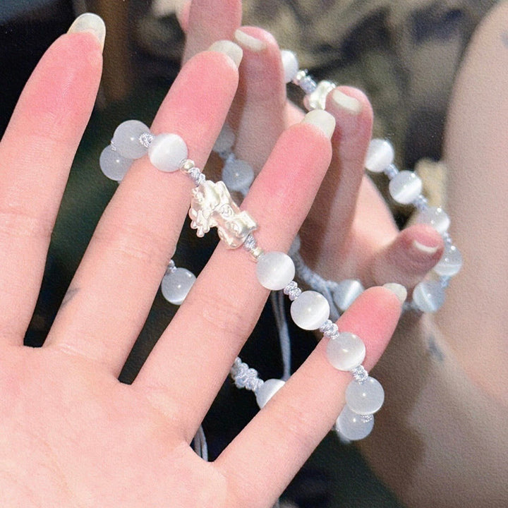 Buddha Stones Natural Black Obsidian Cat's Eye Pink Crystal PiXiu Strength Bracelet - image 7