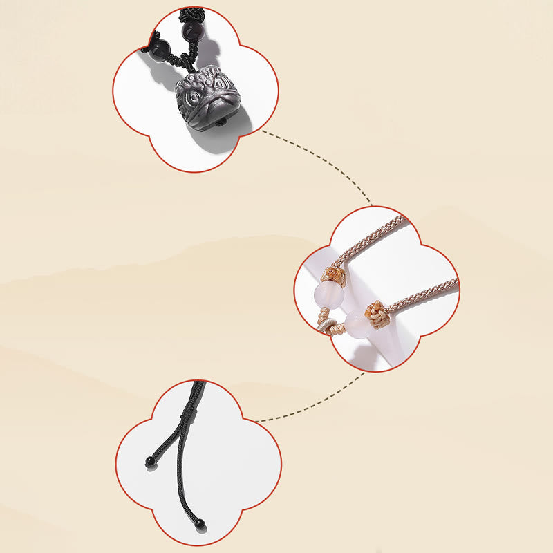 Buddha Stones Natural Silver Sheen Obsidian Red Agate Dancing Lion Protection Necklace Pendant - image 4