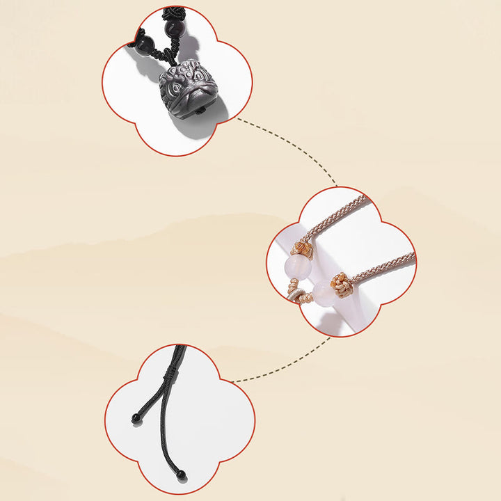 Buddha Stones Natural Silver Sheen Obsidian Red Agate Dancing Lion Protection Necklace Pendant - image 4