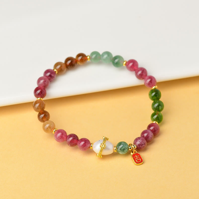 Buddha Stones Natural Multicolored Tourmaline Pearl Auspicious Character Charm Wisdom Bracelet