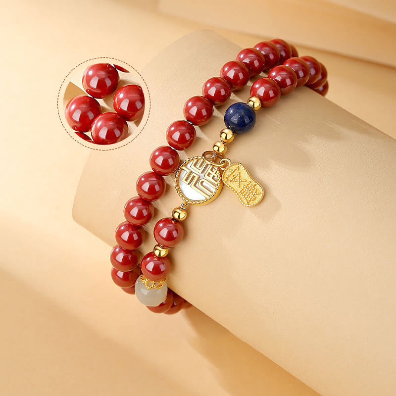 Buddha Stones 925 Sterling Silver Cinnabar Tridacna Stone Fu Character Double Wrap Blessing Bracelet - image 3