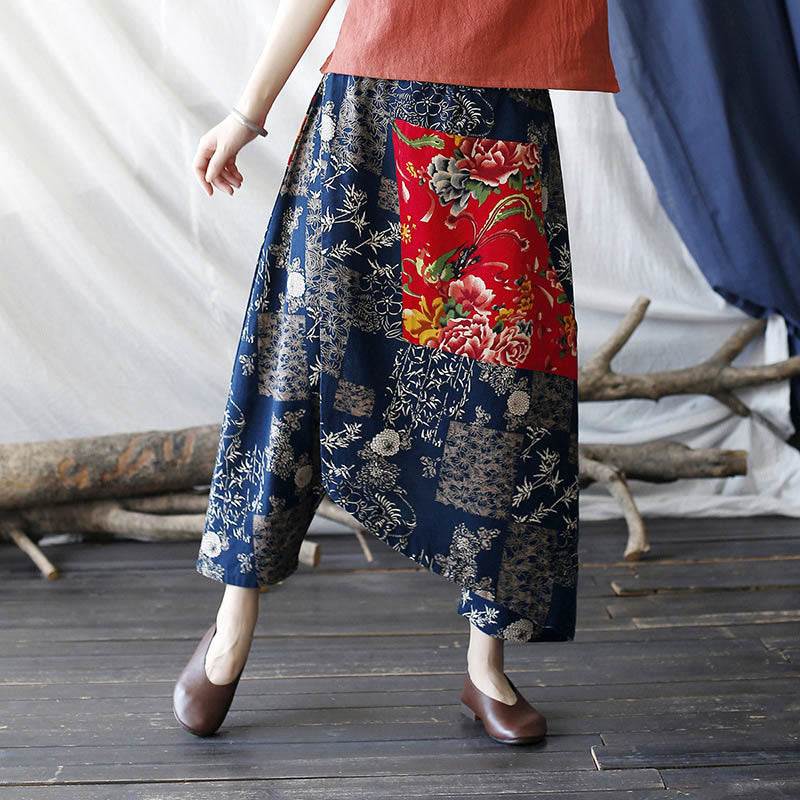 Buddha Stones Red Peony Blue Bamboo Chrysanthemum Patchwork Cotton Linen Harem Pants With Pockets