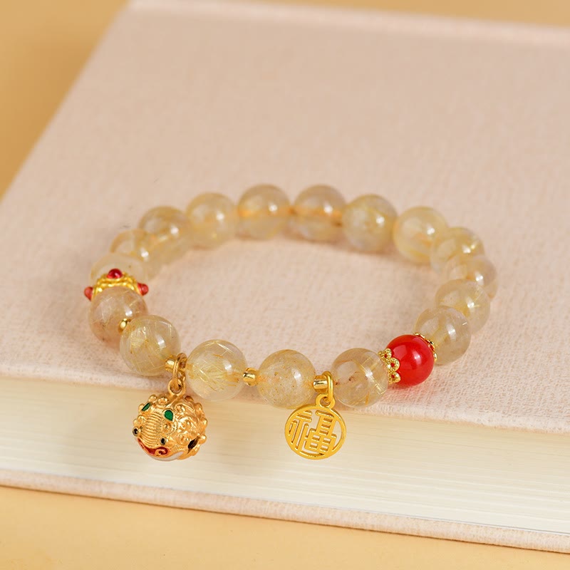 Buddha Stones Natural Golden Rutilated Quartz Fu Character Charm Bell Wealth Bracelet