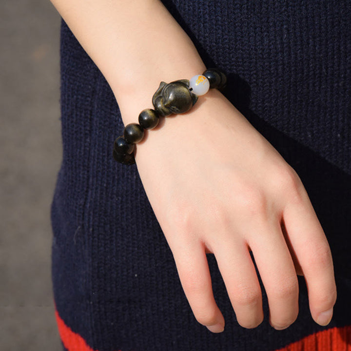 Buddha Stones Natural Rainbow Obsidian Gold Sheen Obsidian Silver Sheen Obsidian Fox Healing Bracelet