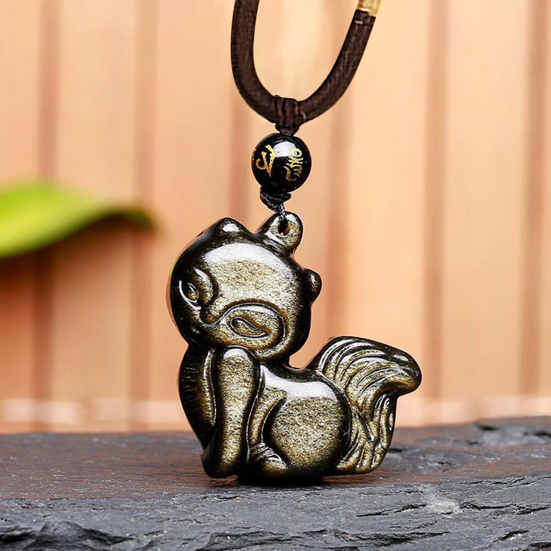 Buddha Stones Natural Rainbow Obsidian Gold Sheen Obsidian Nine Tailed Fox Positive Necklace Pendant - Gold Sheen Obsidian Fox - image 13