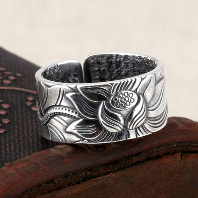 999 Sterling Silver Lotus Symbol Heart Sutra Protection Ring - image 1
