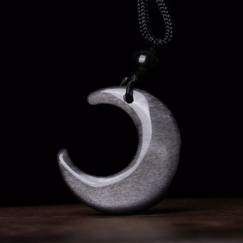 Buddha Stones Natural Silver Sheen Obsidian Selenite Crystal Crescent Moon Yin Yang Couple Protection Necklace Pendant - image 1