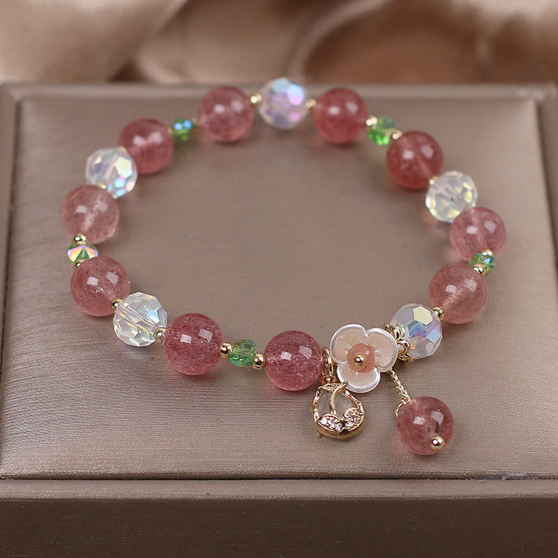 Buddha Stones Strawberry Quartz Rutilated Quartz Fluorite Flower Healing Bracelet