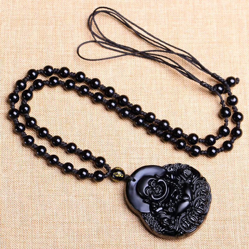 Buddha Stones Laughing Buddha Black Obsidian Strength Protection Pendant Necklace - image 5