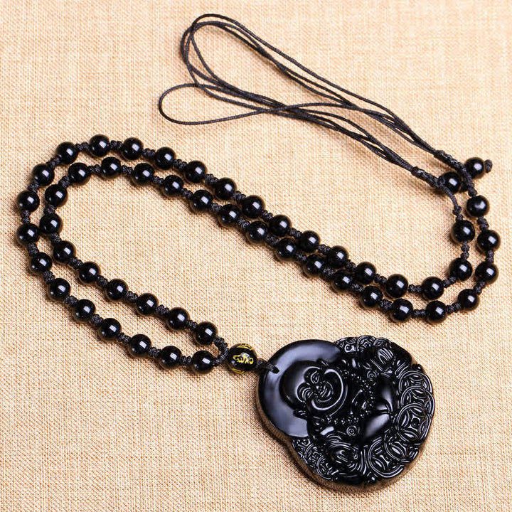 Buddha Stones Laughing Buddha Black Obsidian Strength Protection Pendant Necklace - image 5