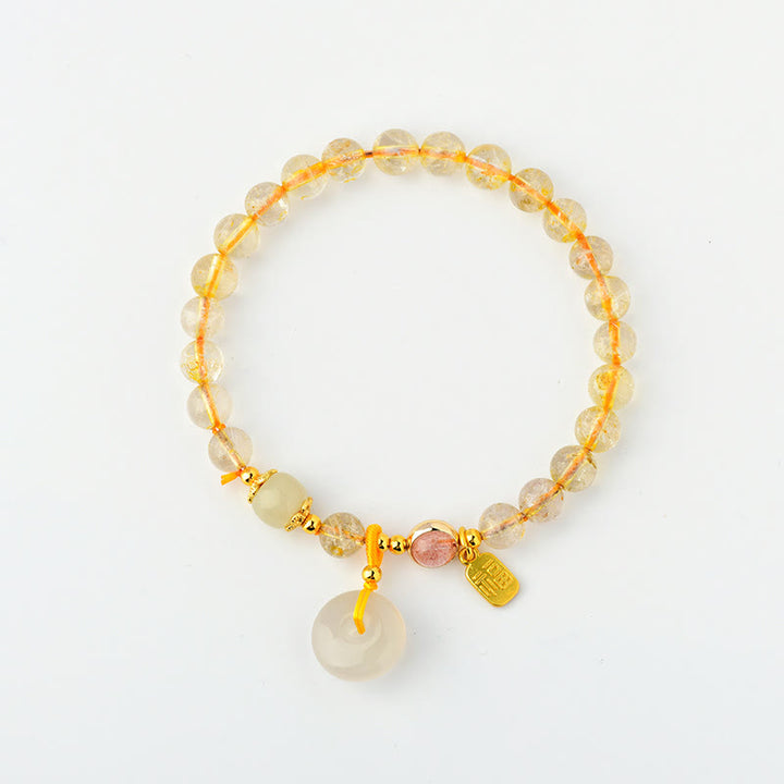 Buddha Stones Natural Golden Rutilated Quartz Fu Character Peace Buckle Charm Wealth Bracelet