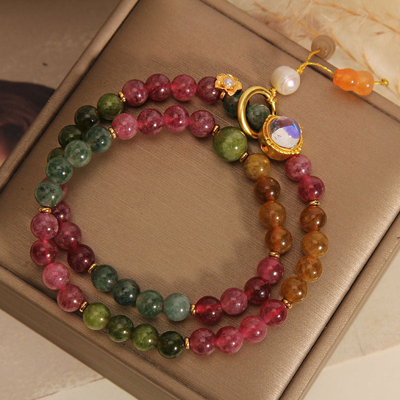 Buddha Stones Multicolored Tourmaline Positive Double Wrap Gourd Charm Bracelet