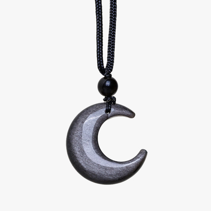 Buddha Stones Natural Silver Sheen Obsidian Selenite Crystal Crescent Moon Yin Yang Couple Protection Necklace Pendant - image 8