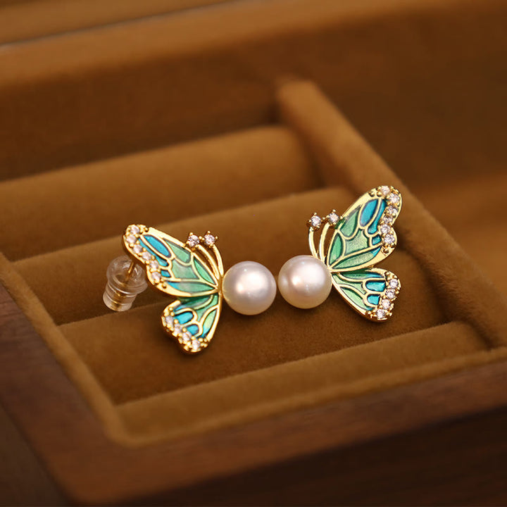 Buddha Stones 925 Sterling Silver Posts 18K Gold Plated Copper Natural Pearl Butterfly Healing Stud Earrings