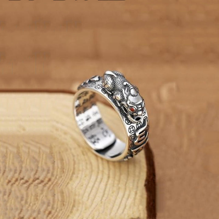 Buddha Stones Tibetan 990 Sterling Silver Om Mani Padme Hum PiXiu Dorje Vajra Heart Sutra Engraved Wealth Ring - Silver - PiXiu - image 14