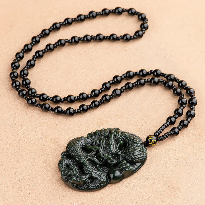 Hetian Cyan Jade Dragon Success Harmony Necklace Beaded String Pendant - image 5