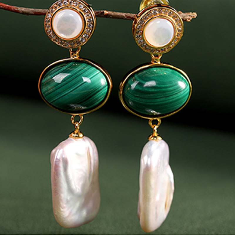 Buddha Stones 925 Sterling Silver Natural Baroque Pearl Malachite Healing Wisdom Drop Earrings