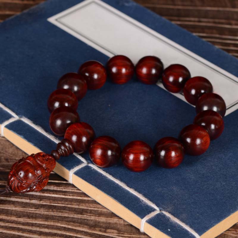 Buddha Stones Small Leaf Red Sandalwood Laughing Buddha God of Wealth Protection Bracelet