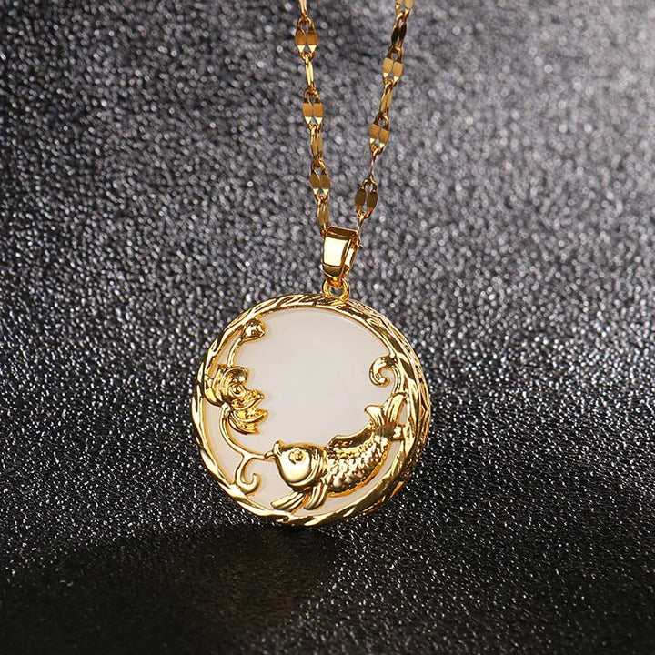 Buddha Stones Natural Jade Koi Fish Lotus Luck Necklace Pendant - image 6