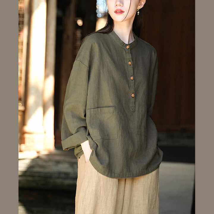 Buddha Stones Solid Color Loose Button Blouse Long Sleeve Shirt Top