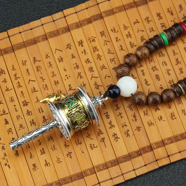 Buddha Stones Tibetan Om Mani Padme Hum Prayer Wheel Rotation Vajra Wood Necklace Pendant - image 8