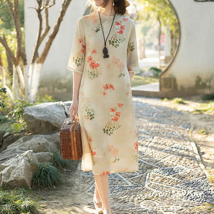 Buddha Stones Red Flower Green Leaves Print Half Sleeve Chinese Cheongsam Midi Dress With Pockets