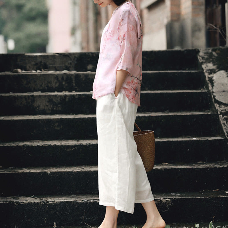 Buddha Stones V-Neck Pink Flower Pattern Ramie Linen Blouse Three Quarter Sleeve Shirt Top