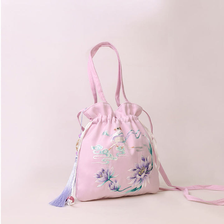 Buddha Stones Suzhou Embroidery Lotus Deer Epiphyllum Peony Rabbit Cotton Linen Tote Crossbody Bag Shoulder Bag Handbag